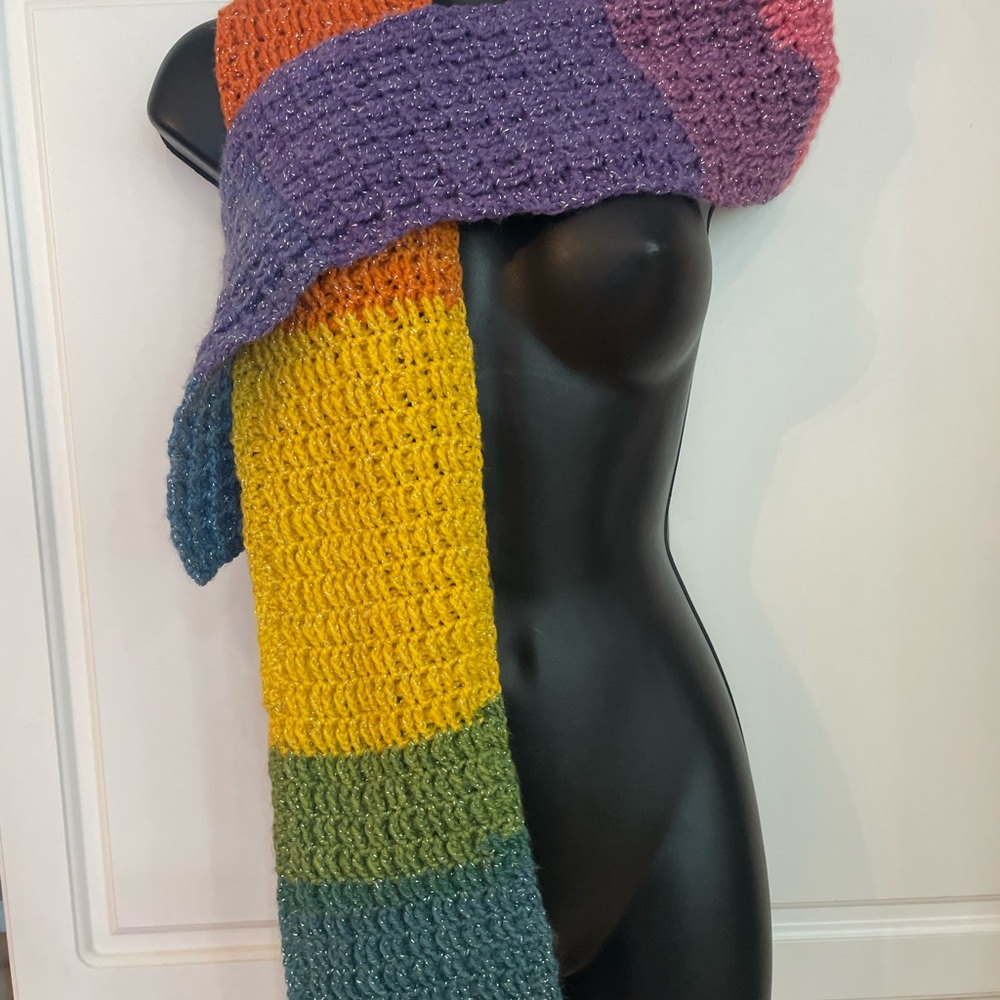 Handmade unsized multicolored crocheted scarf, resembles PRIDE 
6 inches x 58 in